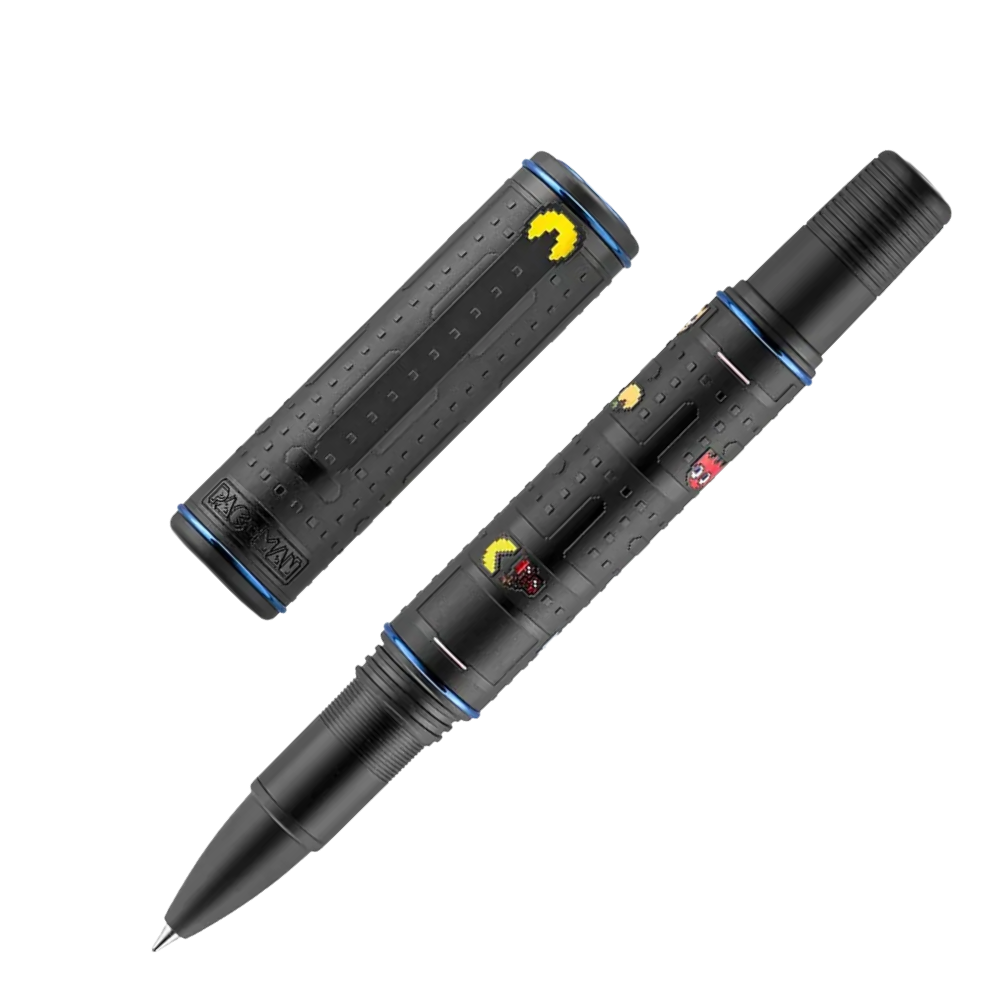 Montegrappa PAC-MAN Ghostwriter Rollerball Pen with anodized aluminum body, trimmed with brass and colorful PAC-MAN character designs, resting in its box.