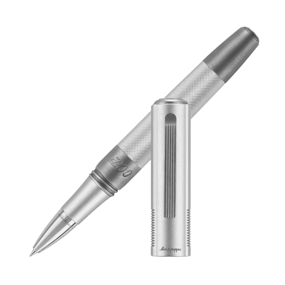 Montegrappa 007 Special Issue Silver Edition Rollerball Pen featuring a sleek transparent barrel and metallic trim for a modern look.