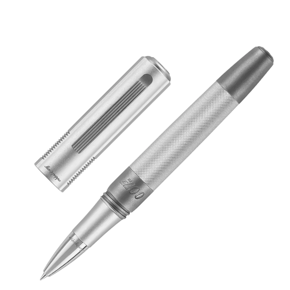 Side view of the Montegrappa 007 Special Issue Silver Edition Rollerball Pen, showcasing the transparent barrel and precision details.