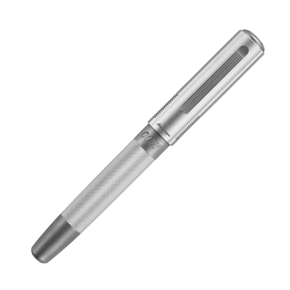 Close-up view of the Montegrappa 007 Special Issue Silver Edition Rollerball Pen, highlighting its elegant transparent design and silver accents.