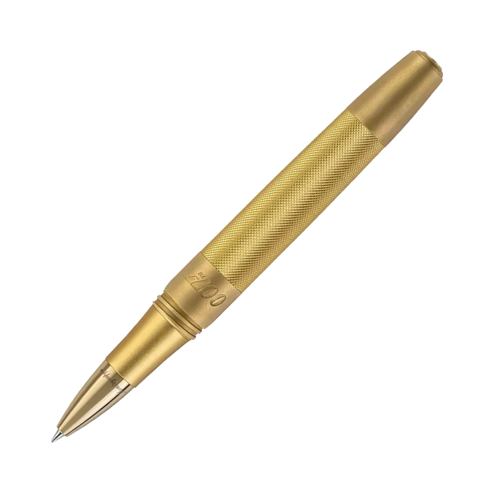 Side view of the Montegrappa Goldfinger Special Issue Rollerball Pen with its polished brass barrel and precision design details.