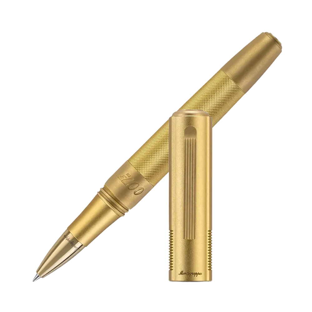 Montegrappa Goldfinger Special Issue Rollerball Pen with a sleek brass body and stainless steel trim, embodying elegance and sophistication.