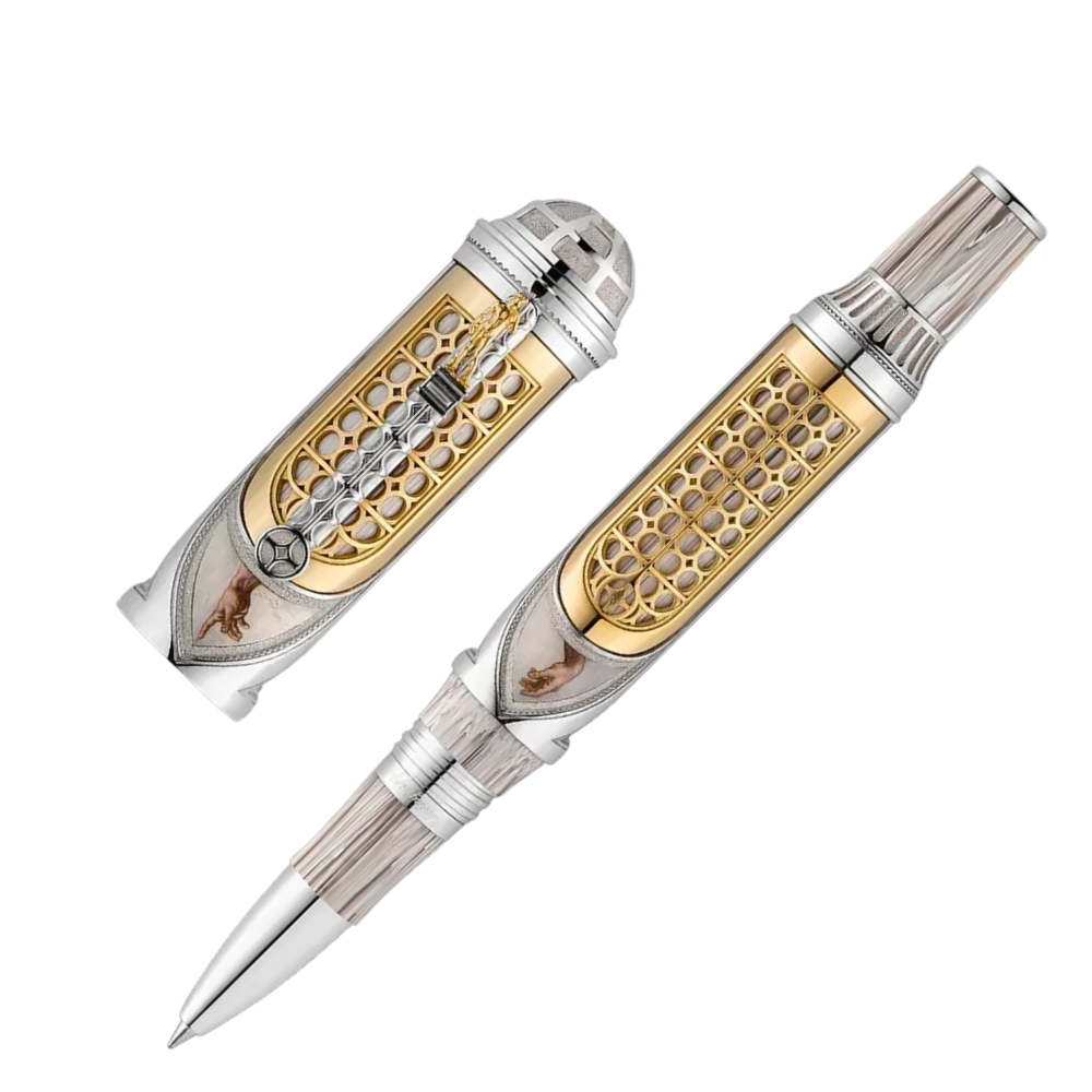 Montegrappa Michelangelo 550th Anniversary Rollerball Pen, elegantes Design aus Sterlingsilber und 18K Gelbgold, in hochwertiger Verpackung.