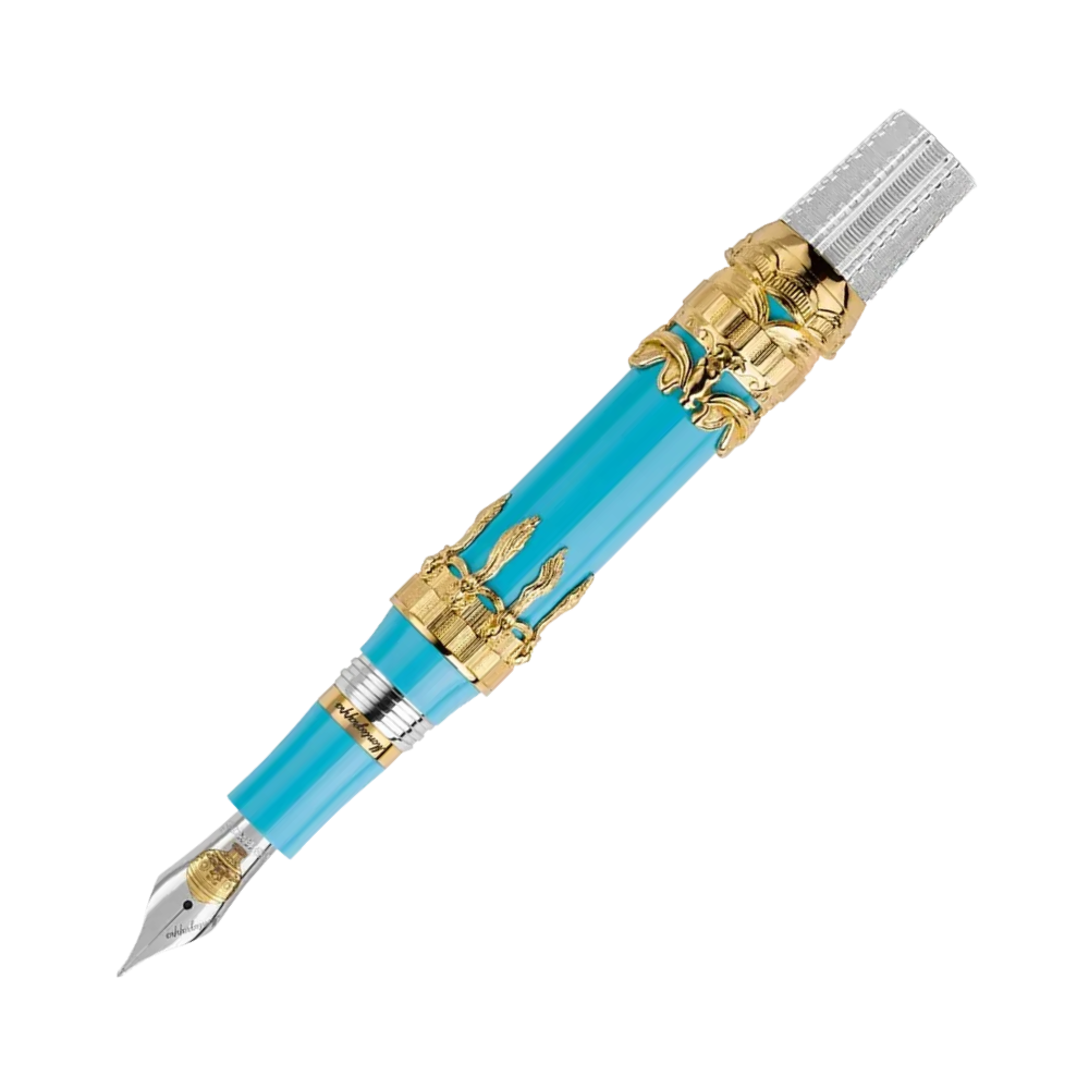 Montegrappa Montgolfier fountain pen showcasing the luxurious gold accents and vibrant turquoise design.
