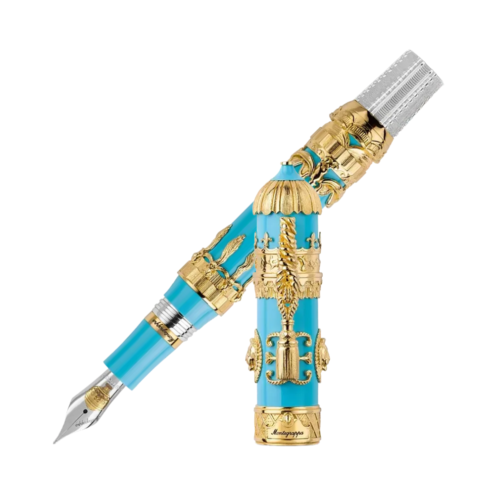 Close-up view of the Montegrappa Montgolfier Füllfederhalter with turquoise resin and golden trim.