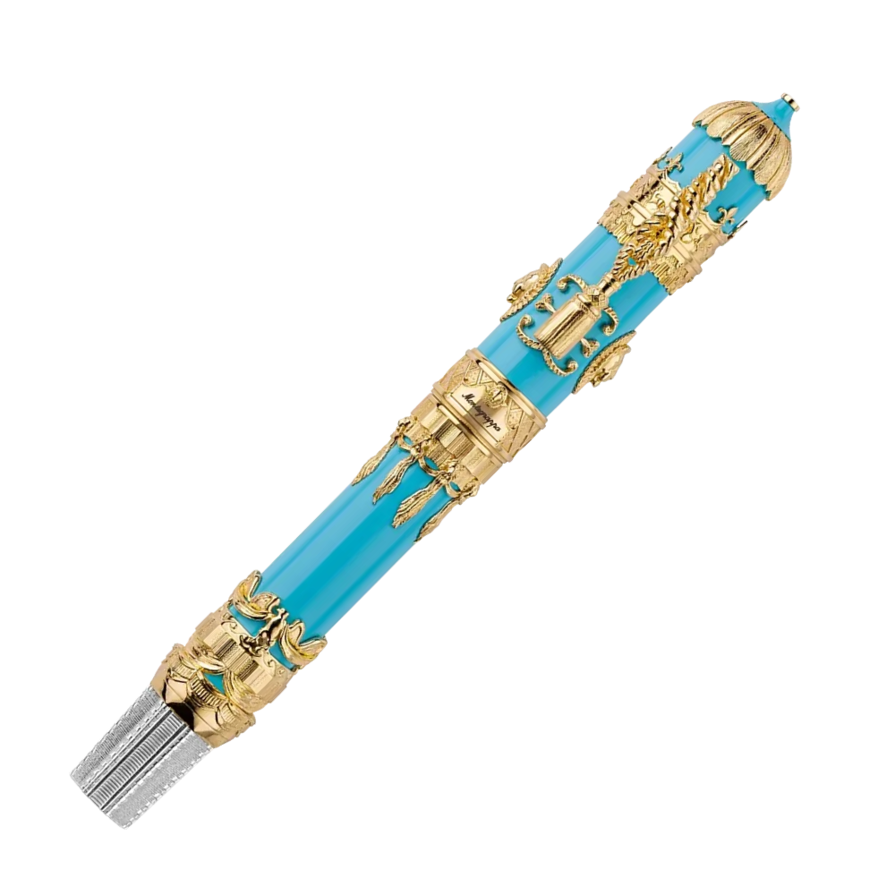 Montegrappa Montgolfier Füllfederhalter with intricate gold detailing and blue resin finish.