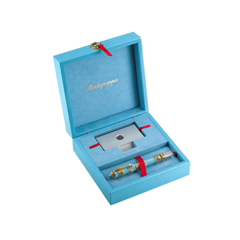 Montegrappa Montgolfier fountain pen in a premium presentation box, featuring turquoise and gold detailing.