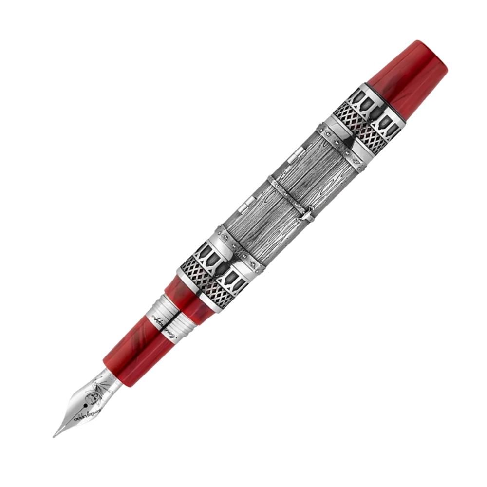 Exclusive Montegrappa Dracula L.E. fountain pen with a combination of sterling silver and red resin, complete with ink bottle.