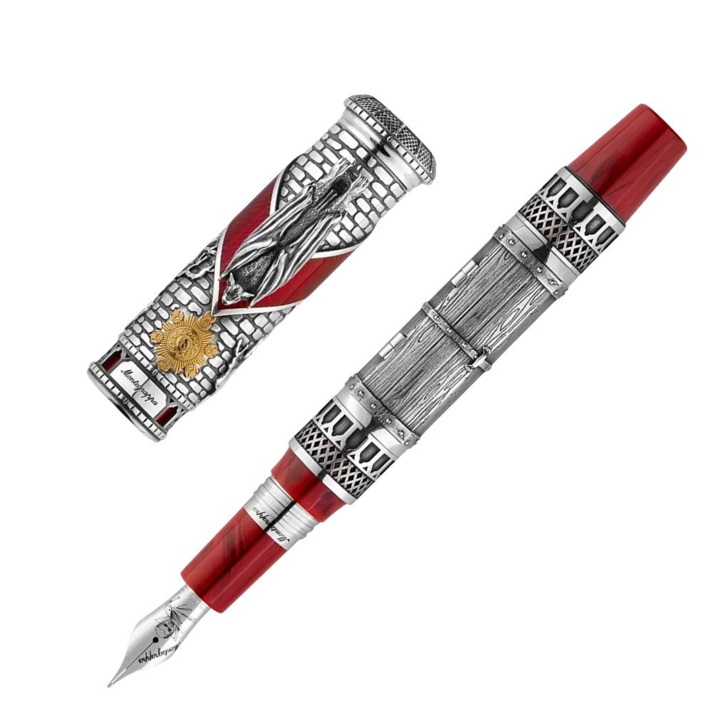Close-up of the Montegrappa Dracula L.E. Füllfederhalter, showcasing its striking silver accents and red finish.