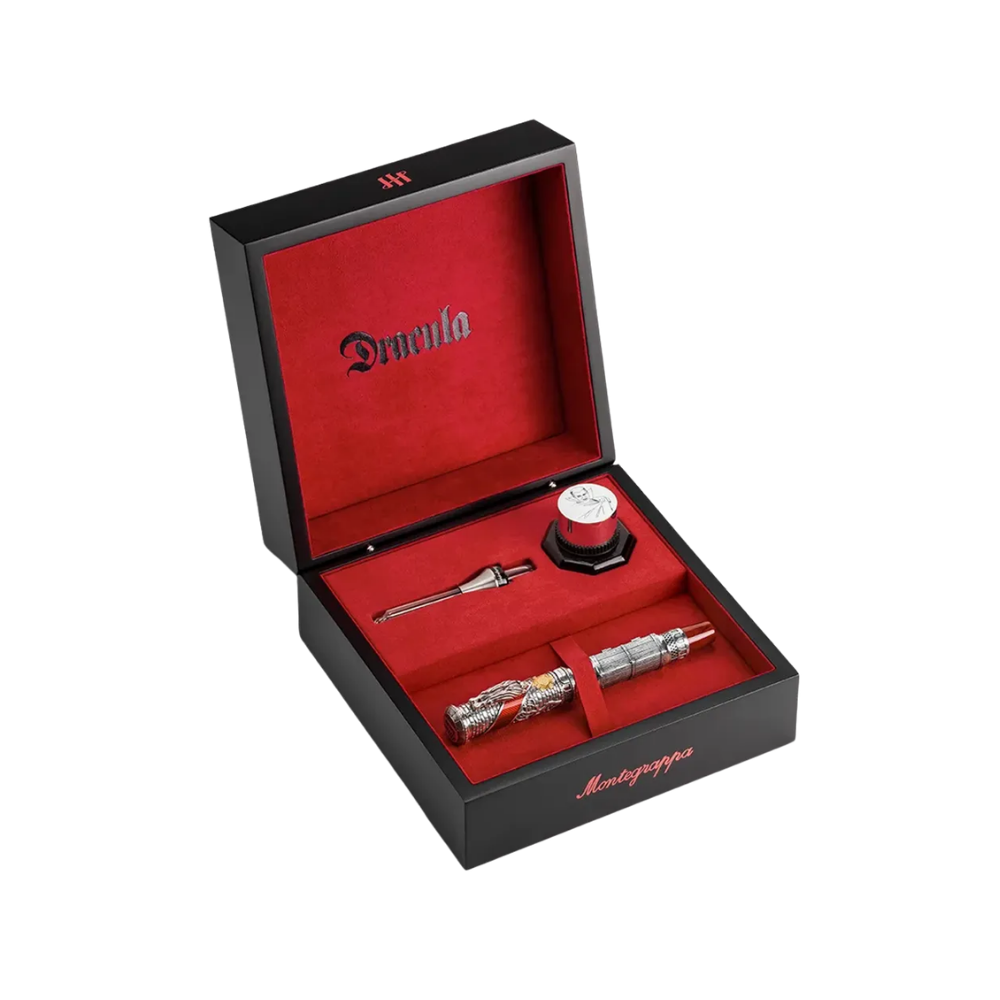 Montegrappa Dracula L.E. Füllfederhalter displayed in a luxurious red and black presentation box.