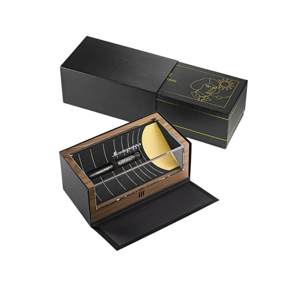 Montegrappa Nicolaus Copernicus Rollerball Pen with celestial motifs and luxurious sterling silver body, resting in its premium case.