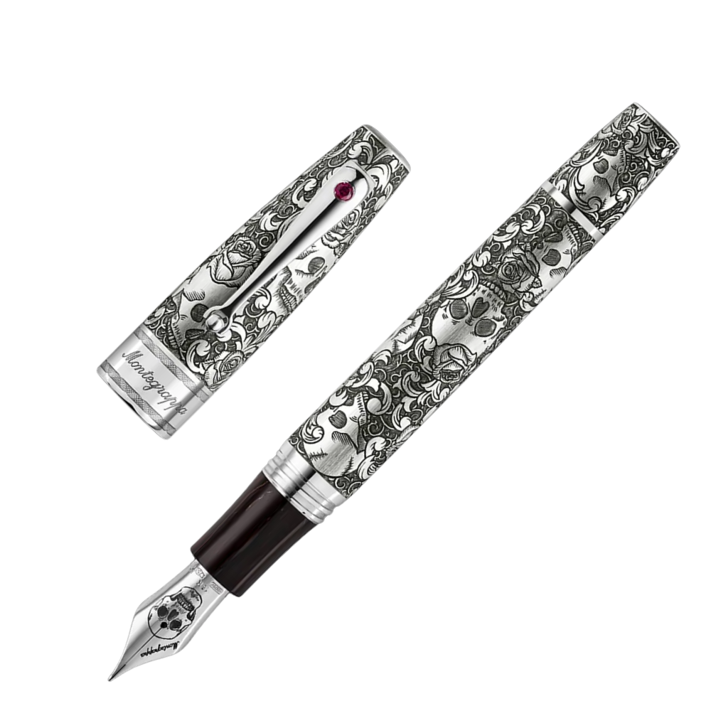 Side view of the Montegrappa Skulls & Roses Füllfederhalter, highlighting its sophisticated design and 18k gold nib.