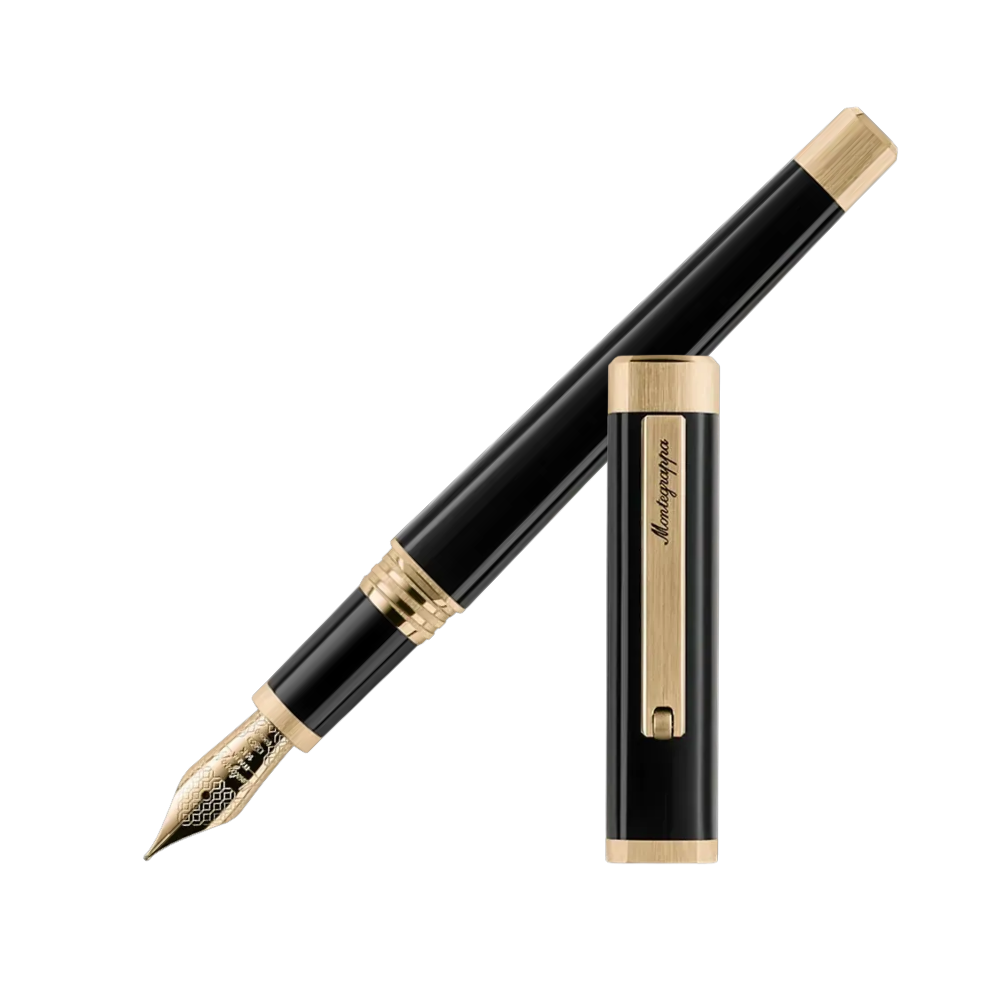 Montegrappa Quattro Gold 14K Fountain Pen, front view showcasing the nib and sleek black resin design with IP yellow gold accents.
