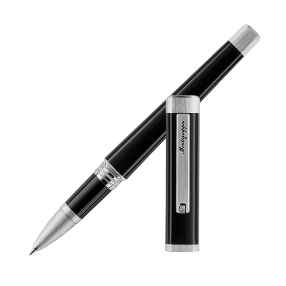 Ein eleganter schwarzer Rollerball-Stift mit silbernen Akzenten, schräg positioniert.