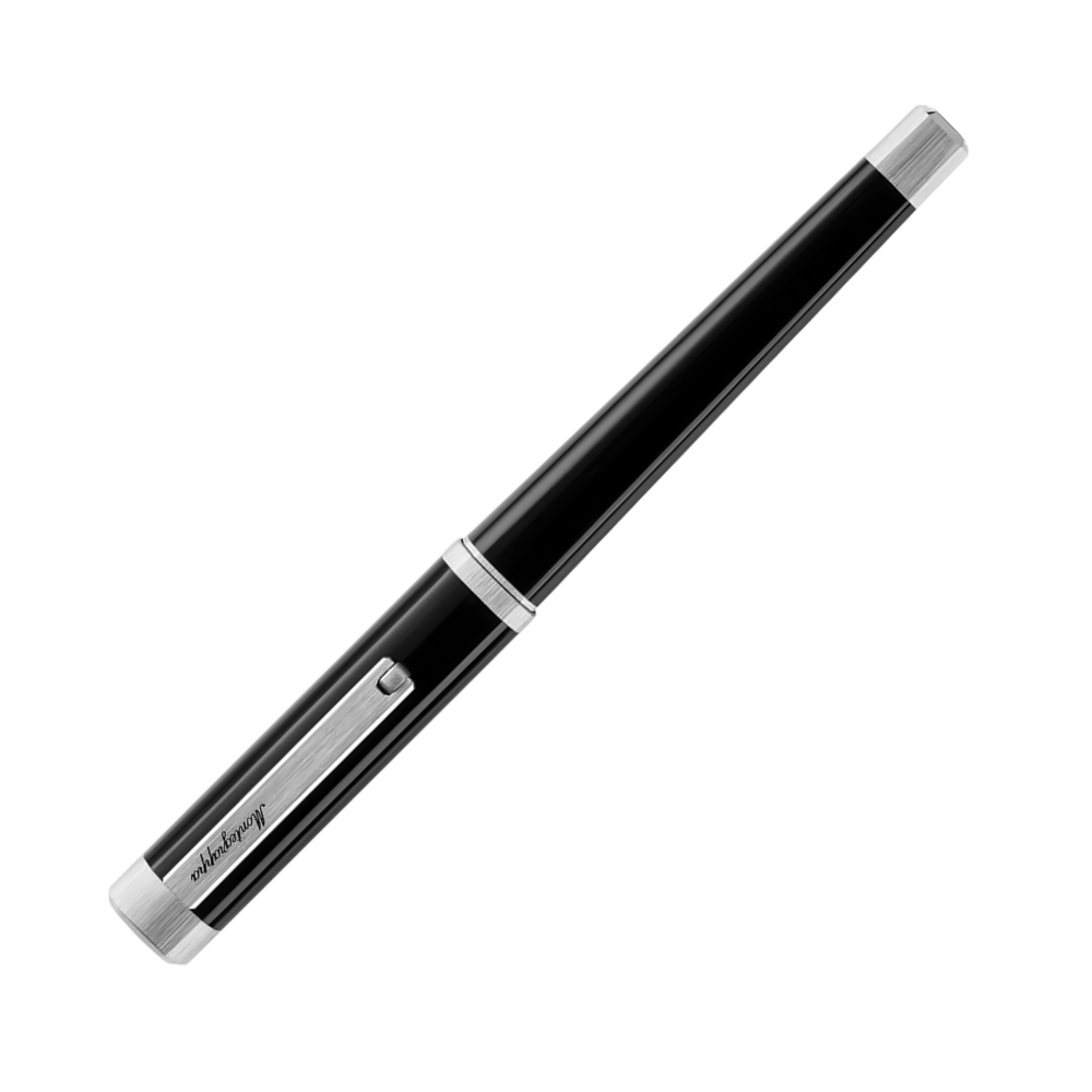 Nahaufnahme des schwarzen Rollerball-Stifts, der Kappe und dem Barrel-Design zeigend.