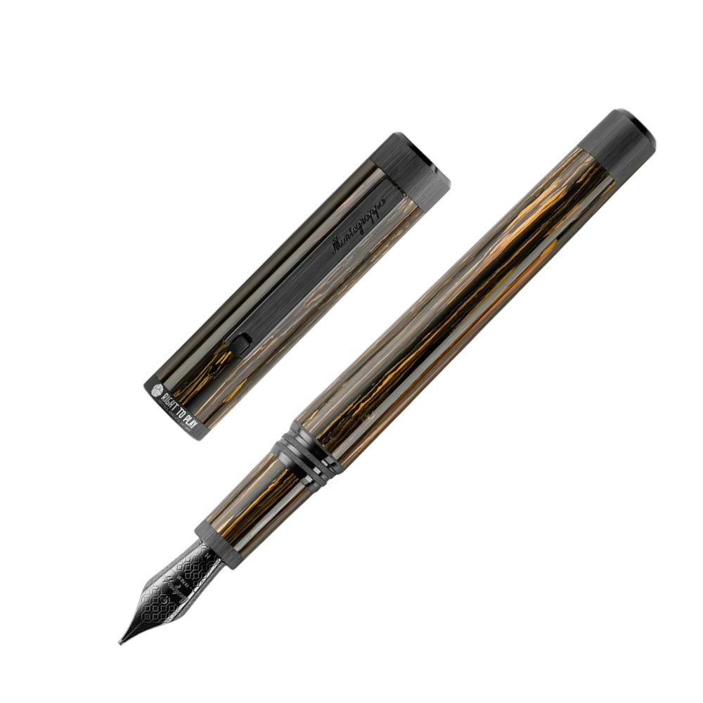 Montegrappa Right To Play Ultra Black IP Steel Fountain Pen, close-up of the nib and detailing of the trim accents.