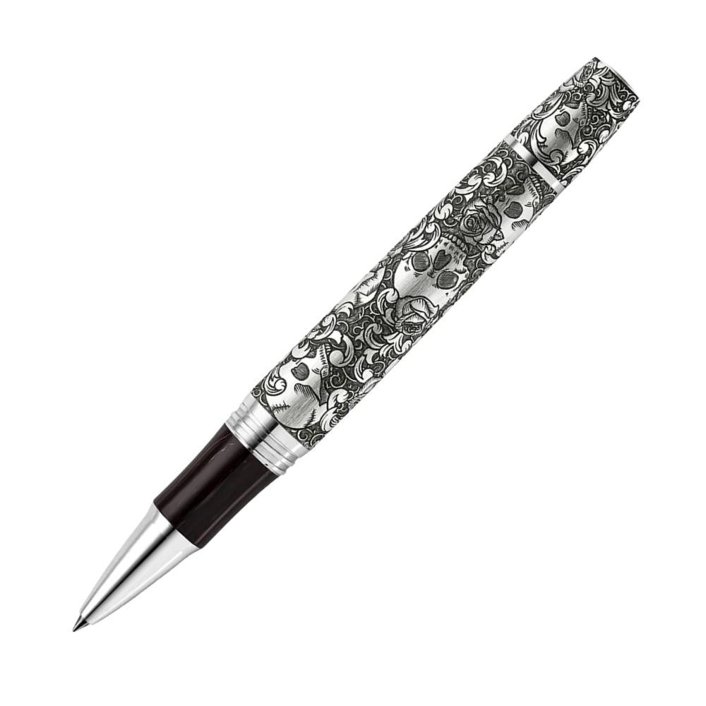 Montegrappa Skulls & Roses Silver Rollerball Pen displayed in luxurious packaging, featuring a fine sterling silver finish.