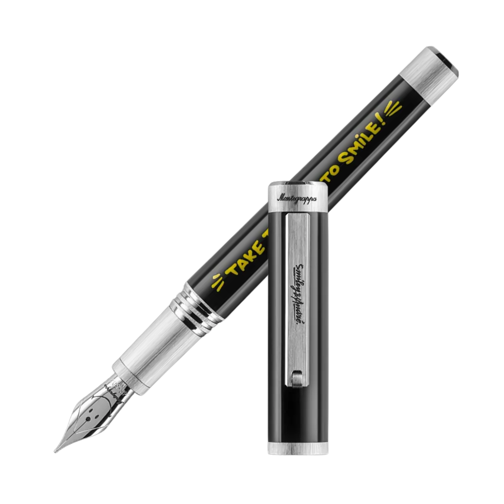 Montegrappa Smiley® 50th Anniversary Füllfederhalter with a bold yellow and black design, featuring IP Palladium trim and a 14k Gold nib.