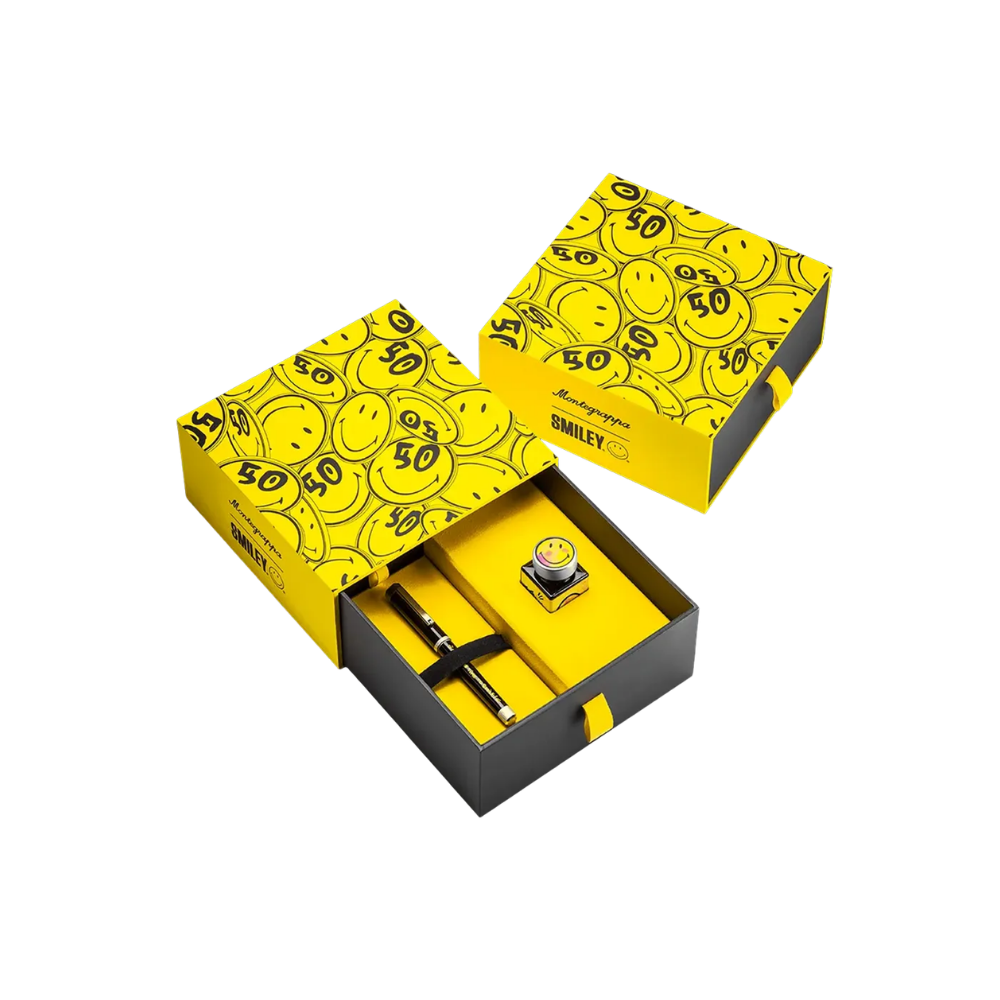 Side view of the Montegrappa Smiley® 50th Anniversary Füllfederhalter with a polished palladium trim and colorful design.