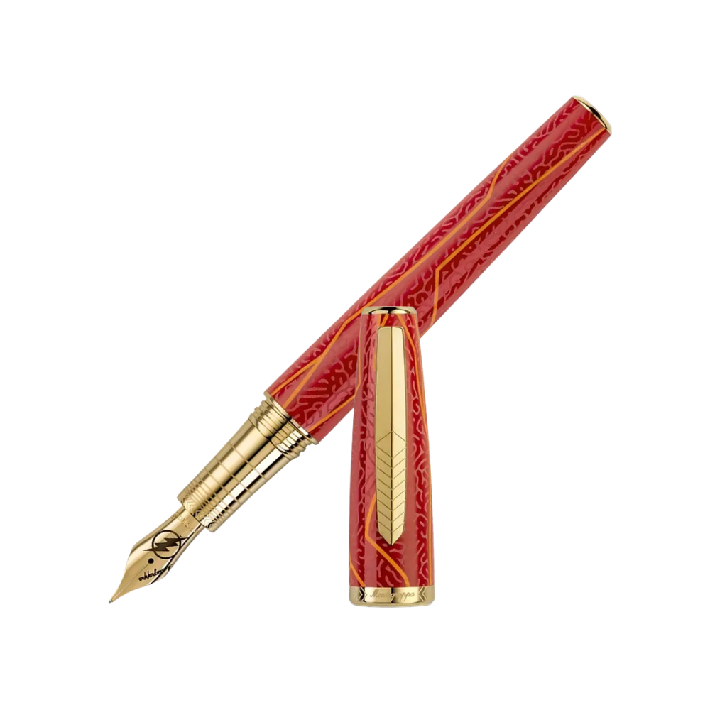Montegrappa Füllfederhalter in rotem Resin mit goldenen Akzenten und feiner 18k Goldfeder.