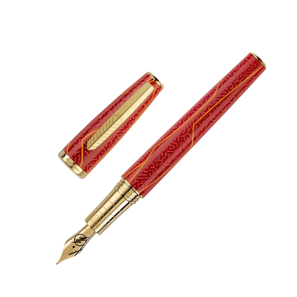 Montegrappa Füllfederhalter in elegantem Rot, mit goldener Verzierung und exklusiver Verpackung.