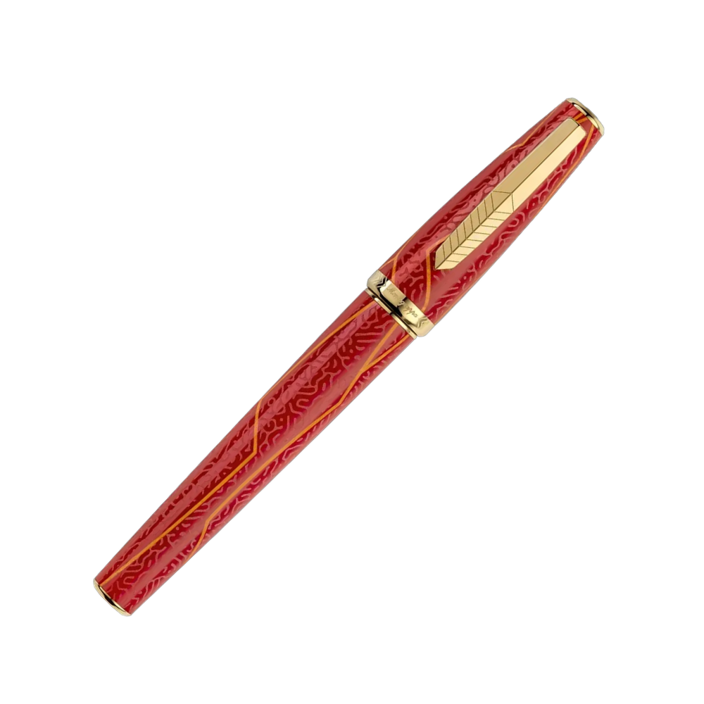 Montegrappa Füllfederhalter in luxuriösem Rot mit goldenen Verzierungen und hochwertiger 18k Goldfeder.