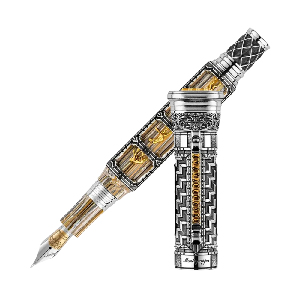 Montegrappa Theory of Evolution Füllfederhalter with intricate sterling silver and vermeil design, accented with precious stones.