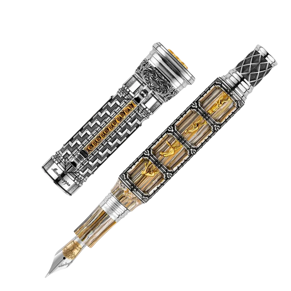 Montegrappa Theory of Evolution Füllfederhalter with fine detailing in sterling silver and vermeil, resting in an elegant gift box.