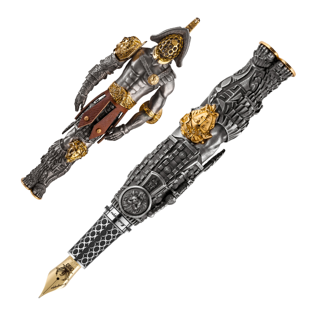 Side view of the Montegrappa Gladiator Sterling Silver Füllfederhalter with sterling silver trim and the warrior figurine handle.