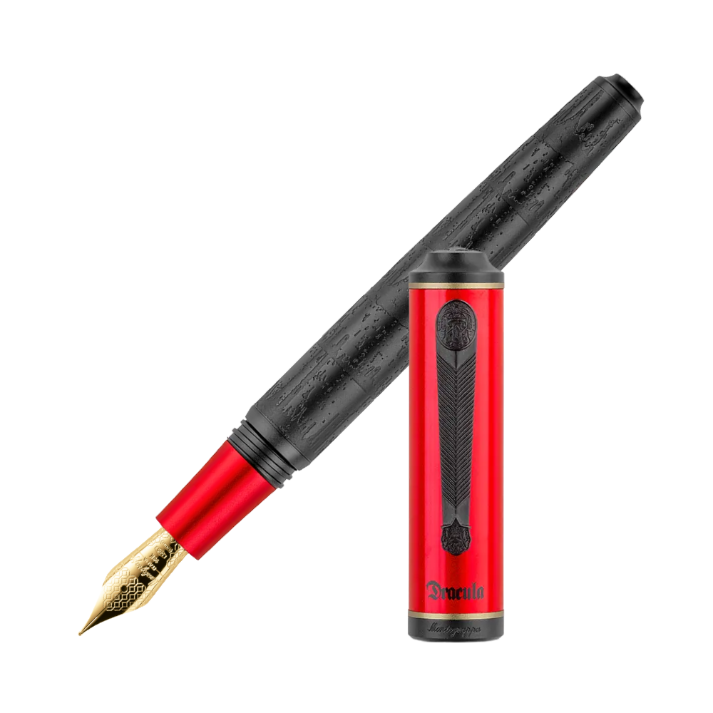 Side view of the Montegrappa Universal Monsters "Dracula" Füllfederhalter, showcasing its red and black anodized aluminum body with the gold nib visible.
