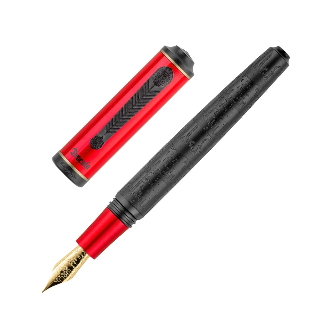 A view of the Montegrappa Dracula Füllfederhalter with its cap removed, highlighting the nib and the overall design.
