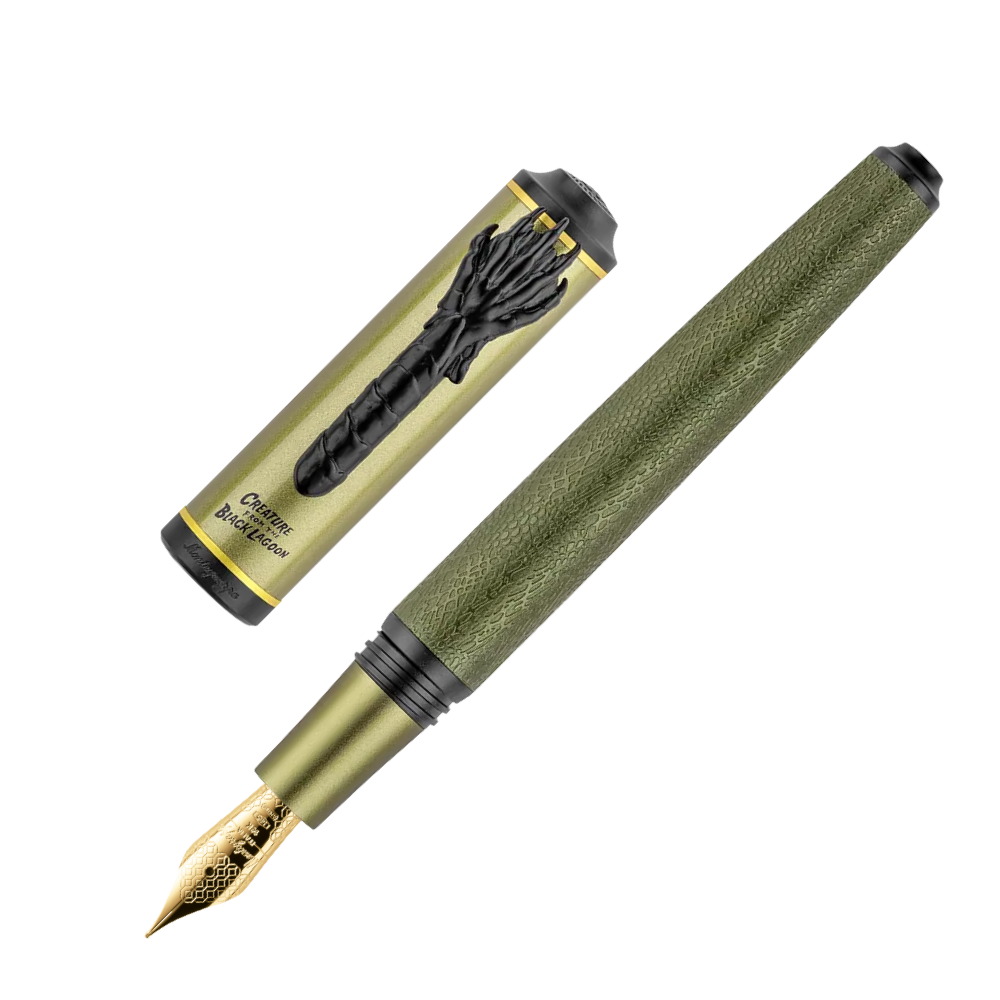 Green fountain pen with a visible gold nib, in a sleek, closed position.