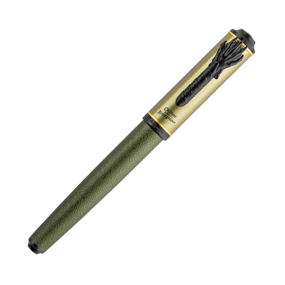 Side view of a green fountain pen with gold nib in a vertical position.