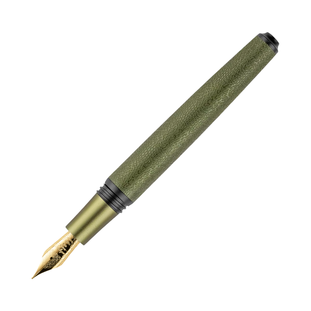 Side view of a green fountain pen with a gold nib in a closed position.