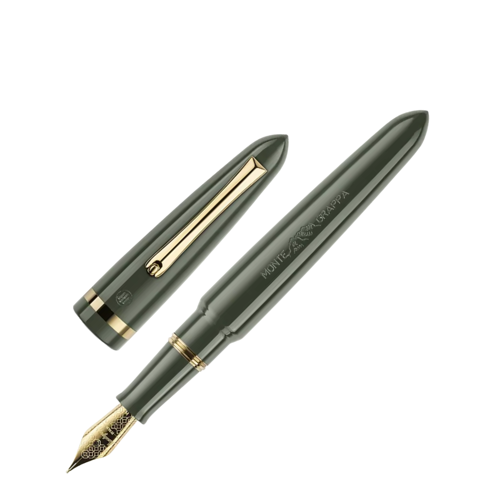 Montegrappa Venetia Lagoon Green Steel Fountain Pen, close-up of the nib with detailed gold accents.