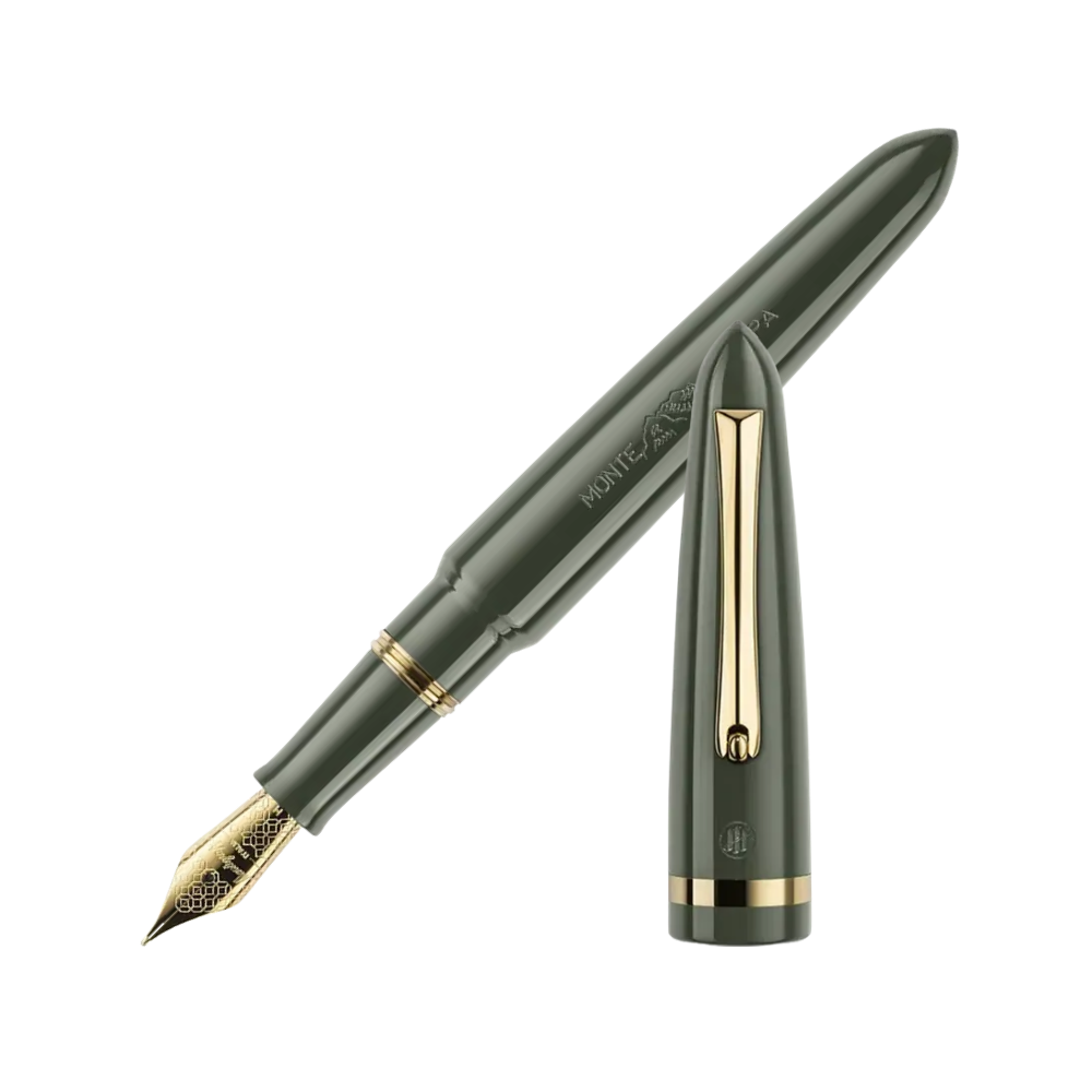 Montegrappa Venetia Lagoon Green Steel Fountain Pen, front view showcasing the nib and lagoon green resin design with yellow gold-plated accents.