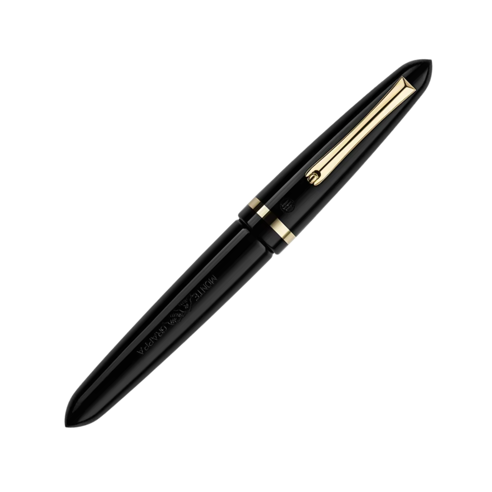 Montegrappa Venetia Black Steel Fountain Pen, side view highlighting the elegant gold-plated accents on the cap and barrel.