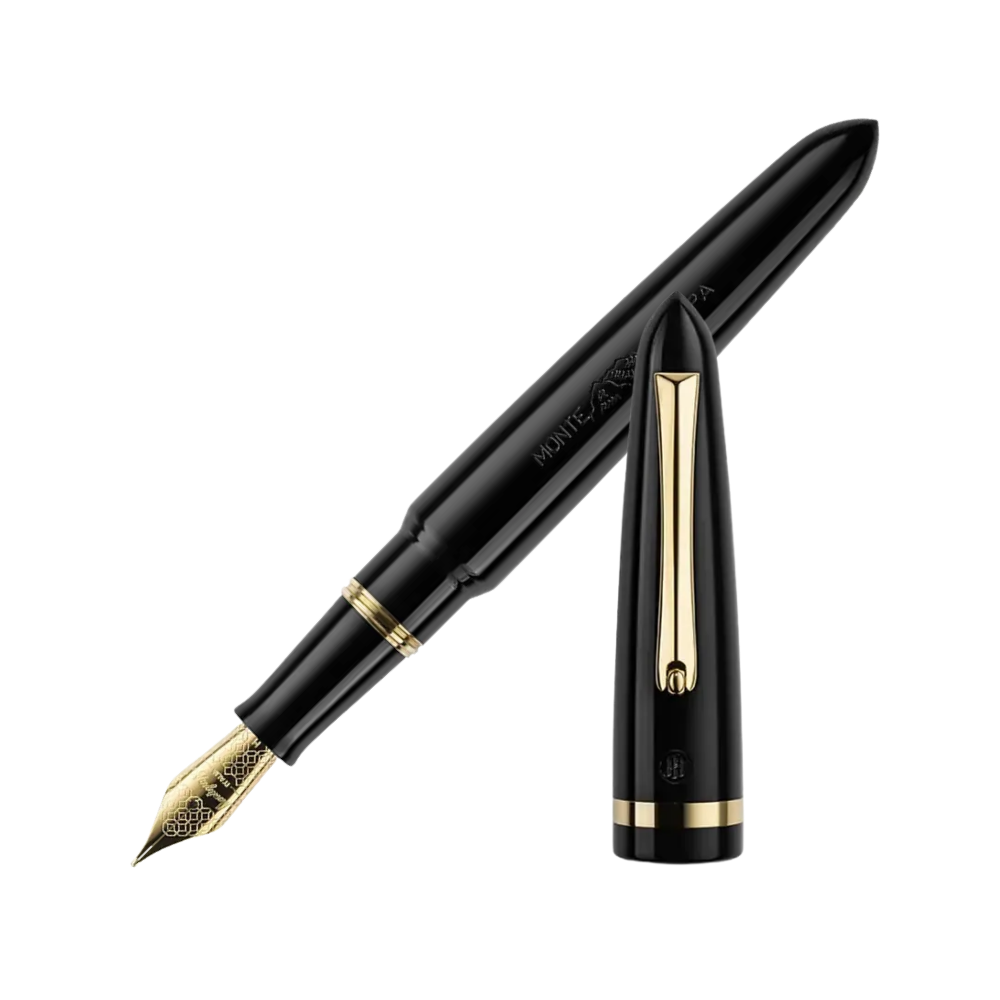 Montegrappa Venetia Black Steel Fountain Pen, front view showcasing the nib and black resin design with yellow gold-plated trim.