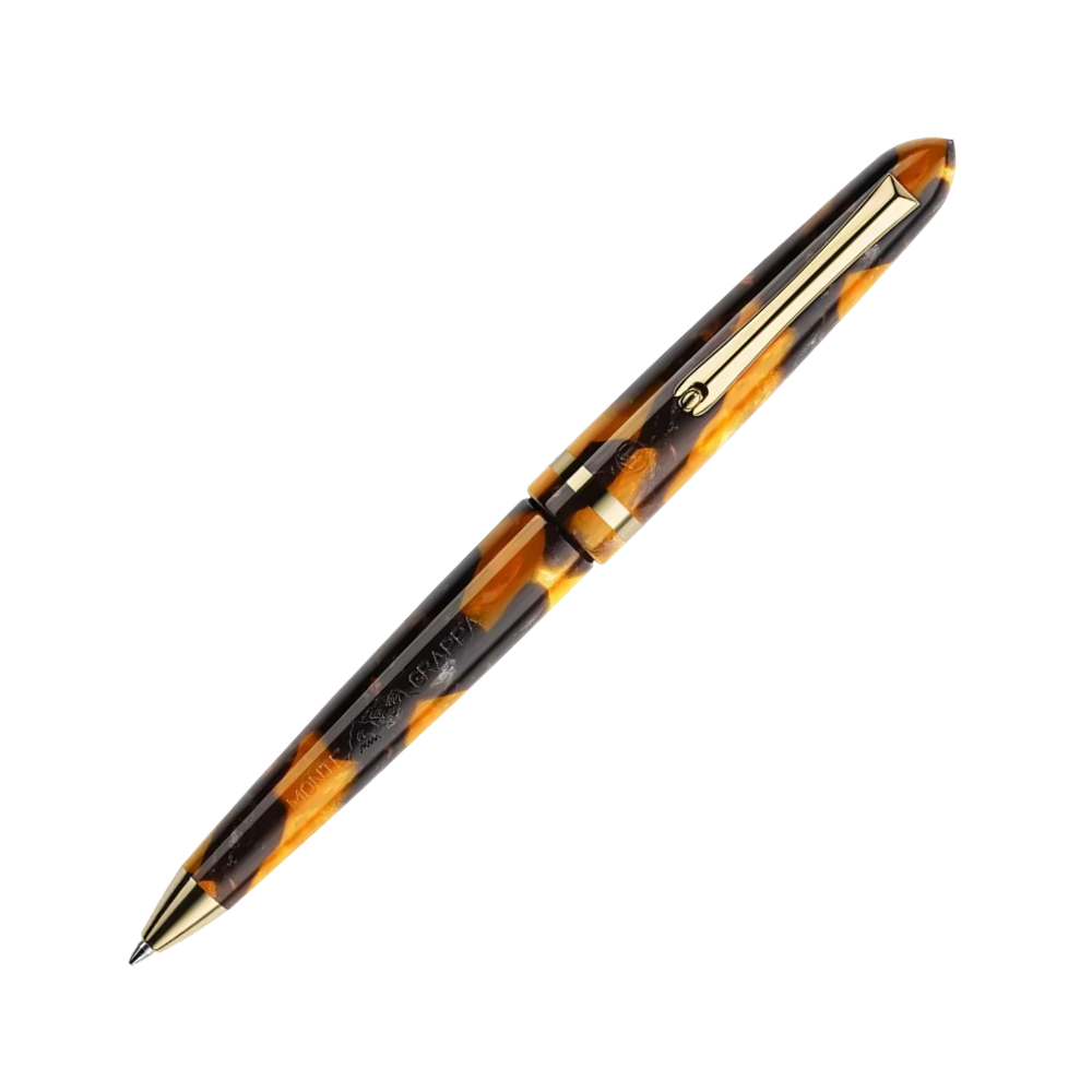 Ein brauner und goldener Kugelschreiber mit edlen Akzenten, in voller Ansicht.