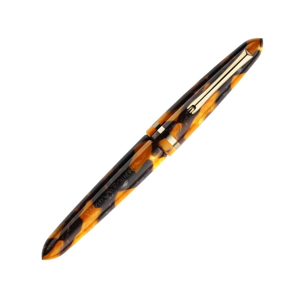Montegrappa Venetia Havana Amber Steel Fountain Pen, side view highlighting the elegant gold trim and detailed barrel design.