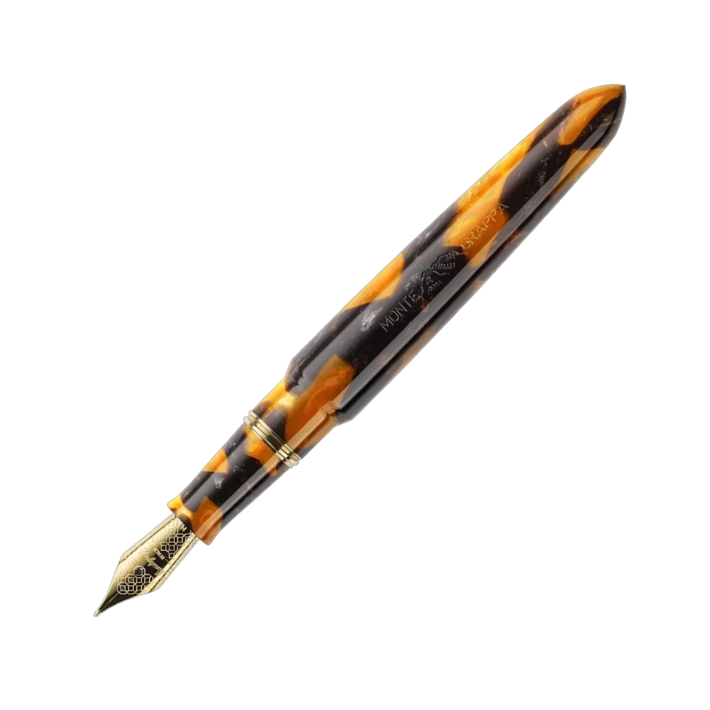 Montegrappa Venetia Havana Amber Steel Fountain Pen, side view with cap removed, focusing on the barrel design and nib.