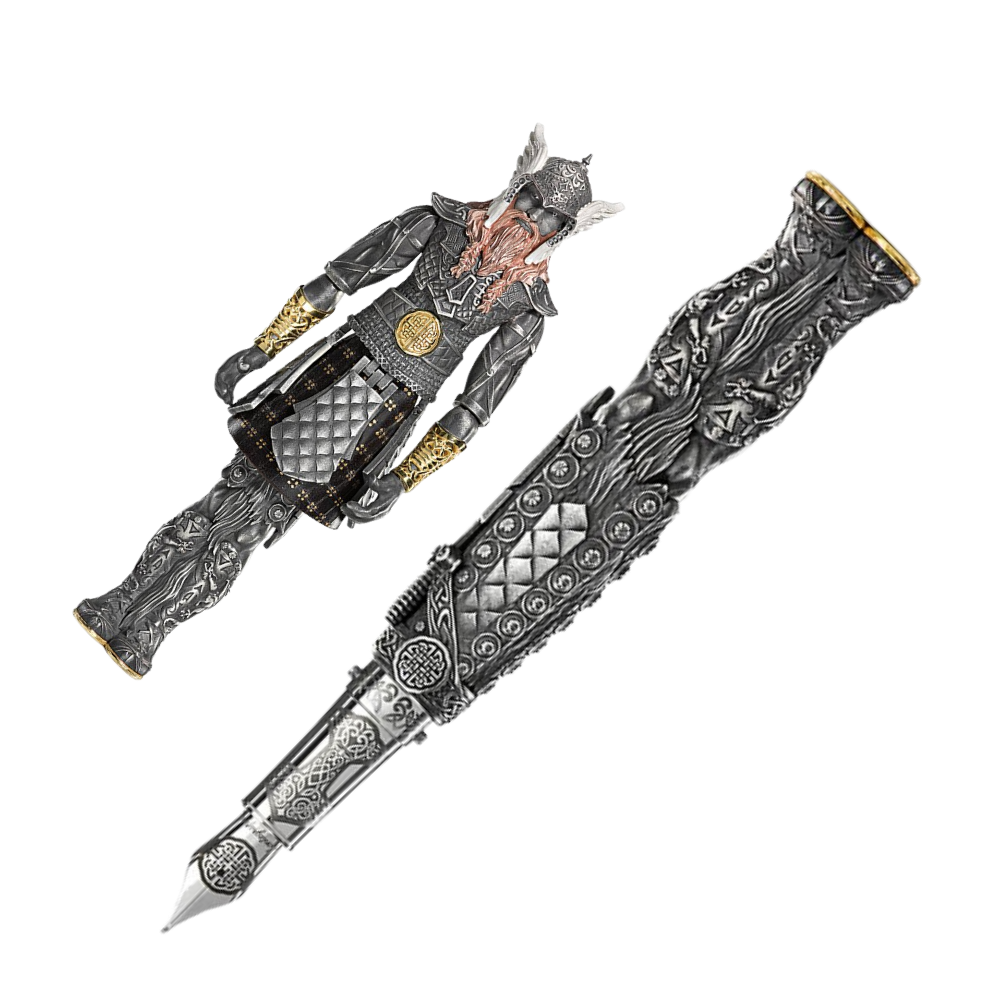 Montegrappa Viking Füllfederhalter, einzigartiges Kunstwerk mit Wikingerkrieger-Design und detaillierten Verzierungen.