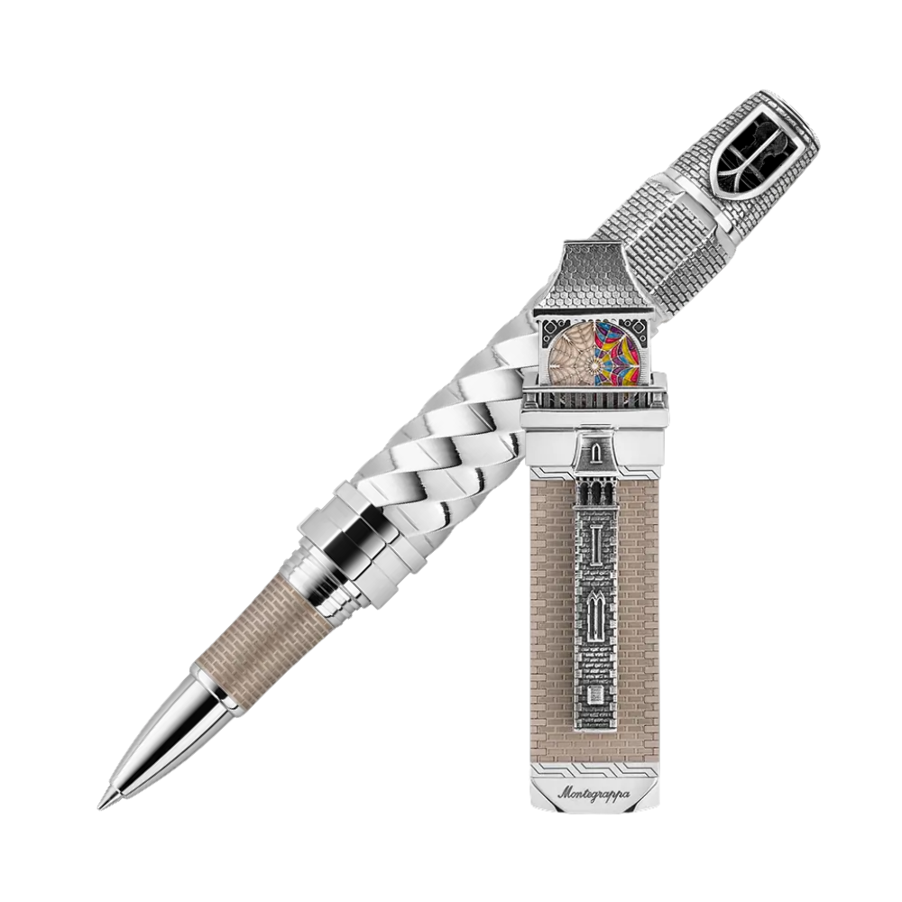 Montegrappa Wednesday L.E. Rollerball Pen featuring intricate sterling silver trim and a refined resin barrel.