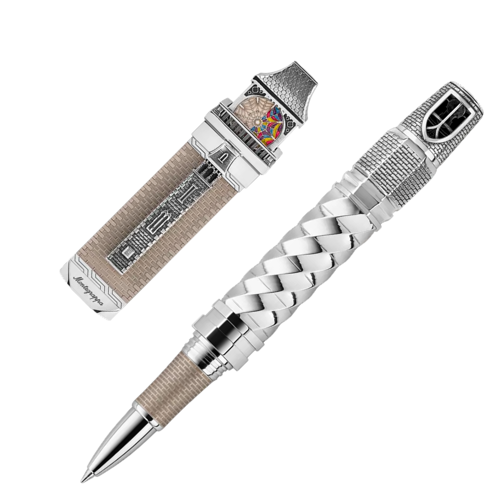 Montegrappa Wednesday L.E. Rollerball Pen with polished sterling silver trim, resting in a luxurious black box.
