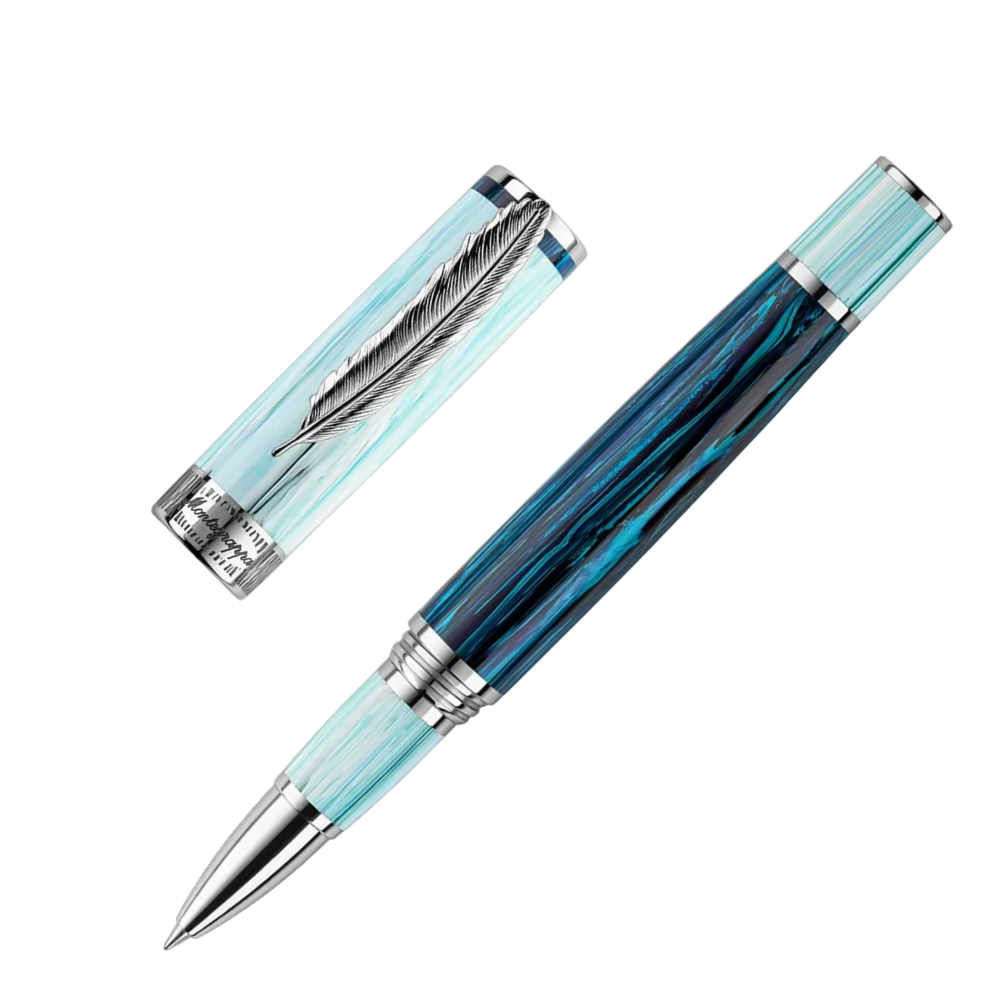 Montegrappa Wild - Arctic Rollerball Pen with a striking blue resin barrel and polished stainless steel accents in a premium gift box.