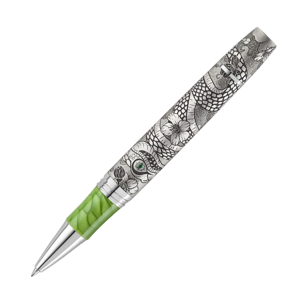 Montegrappa Year of the Snake Rollerball Pen mit 925 Sterlingsilber, Resin und Edelsteinen, in edler Verpackung.
