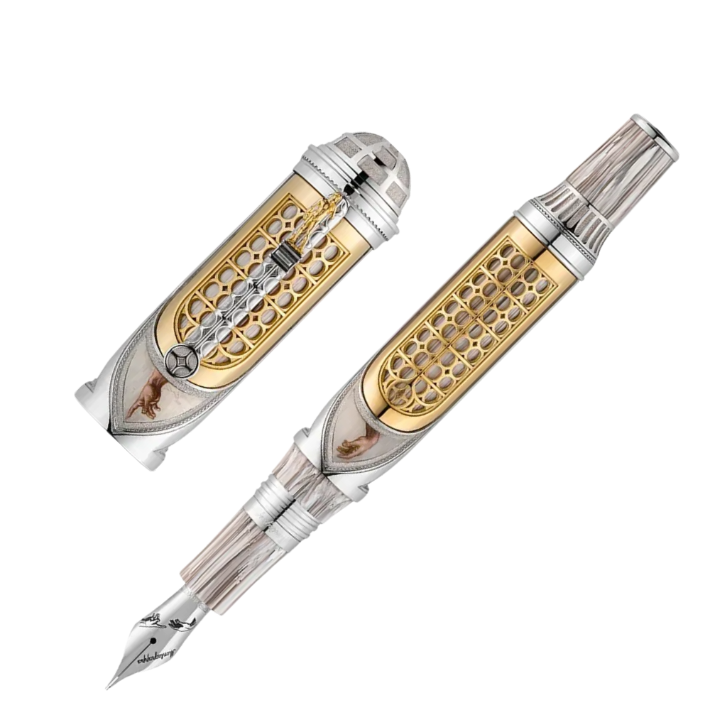 Montegrappa Michelangelo 550th Anniversary Füllfederhalter, kunstvolle Verarbeitung mit Montegrappite Resin, Gelbgold und Sterlingsilber.