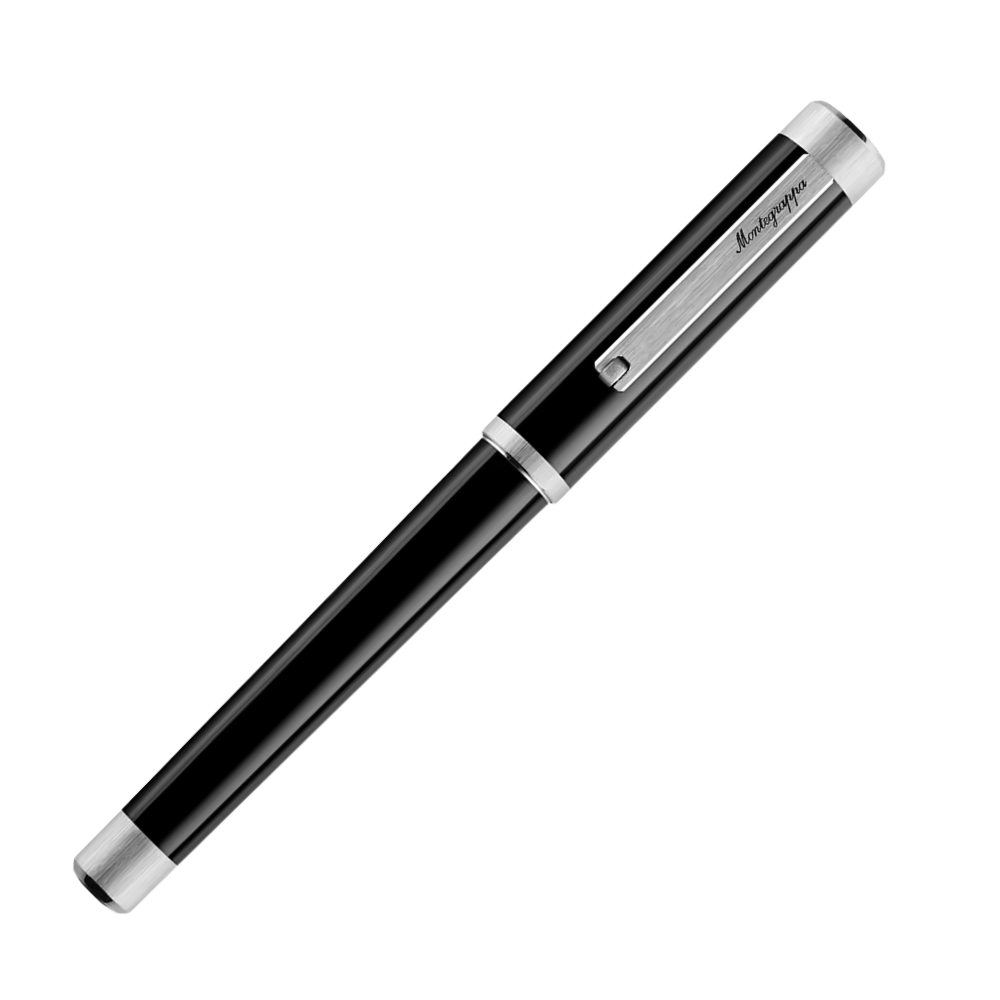 Der schwarze Rollerball-Stift in voller Ansicht, mit silbernen Akzenten und Kappe.