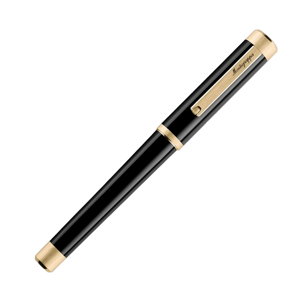Montegrappa Zero Yellow Gold IP fountain pen viewed from the side with gold trim