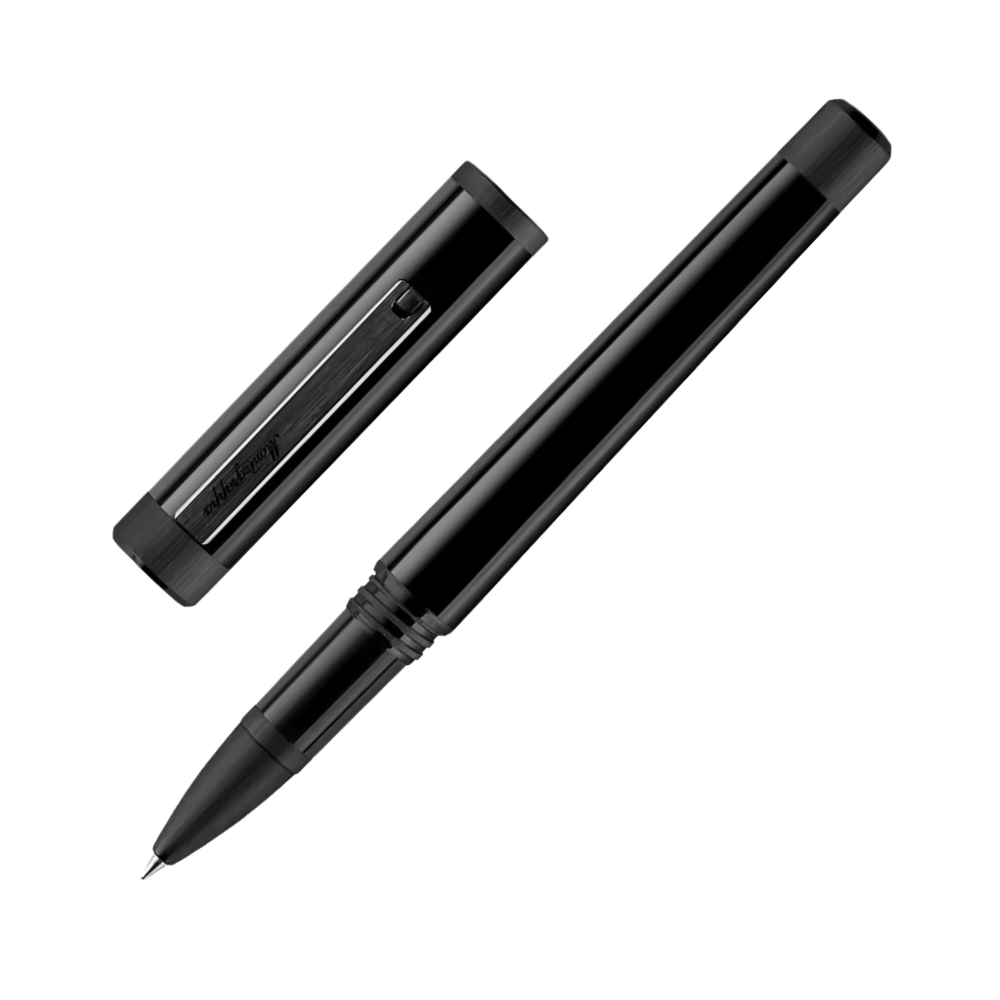 Zwei schwarze Kugelschreiber nebeneinander, in einer eleganten Präsentation.